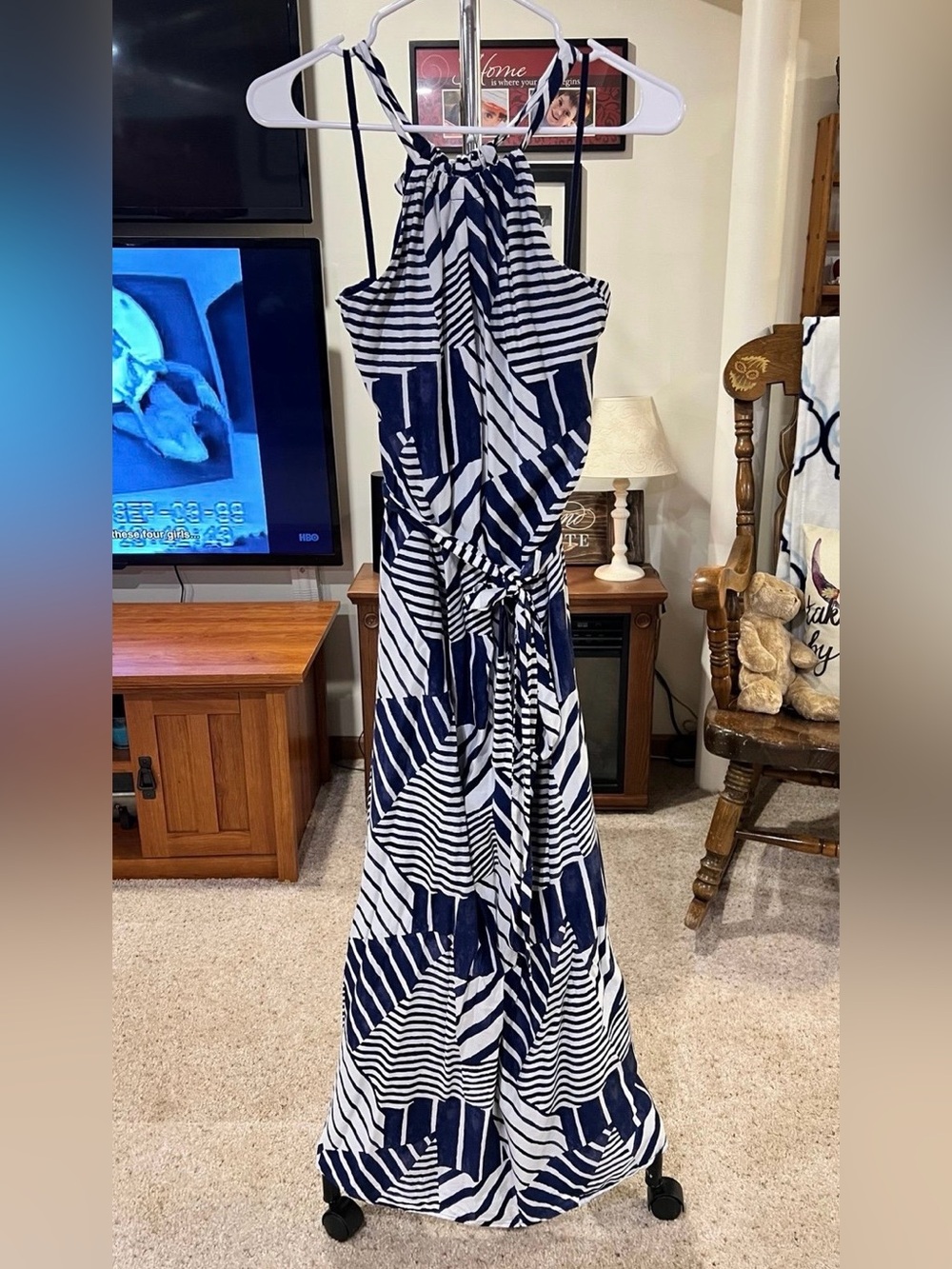 Vineyard Vines Navy and White Patterned Halter Maxi Dress